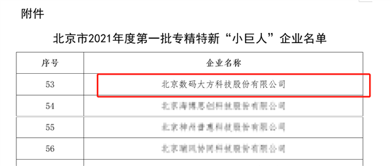  數(shù)碼大方入選2021北京專精特新“小巨人”企業(yè)